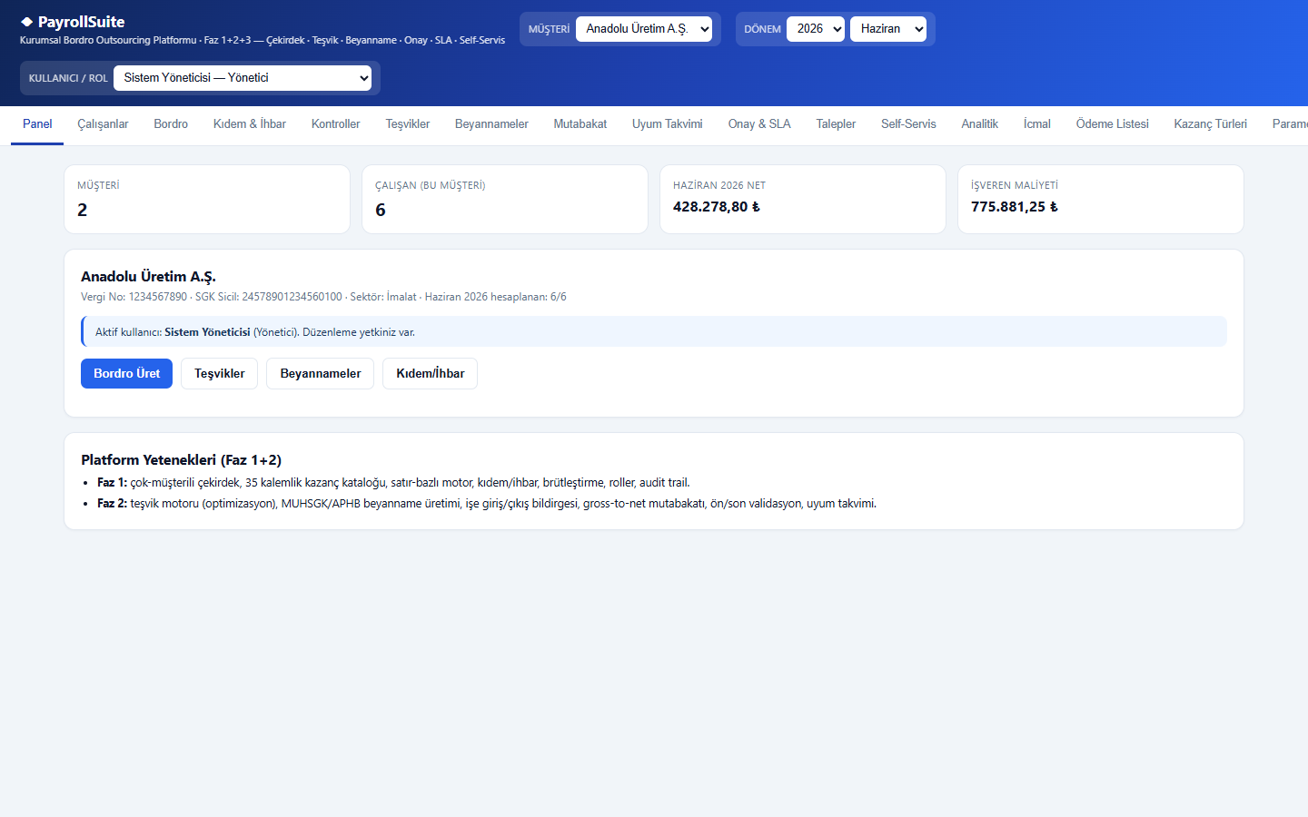 PayrollSuite Bordro Outsourcing Platformu gerçek demo yönetici ekranı
